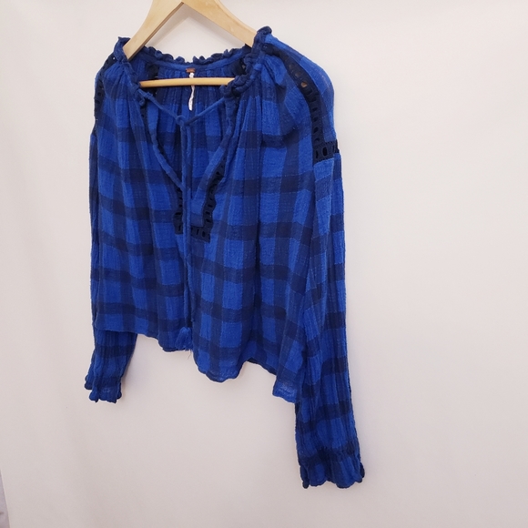 Free People Honey Grove Blue & Black Checkered Buffalo Plaid Peasant Top, Size S - Picture 3 of 9